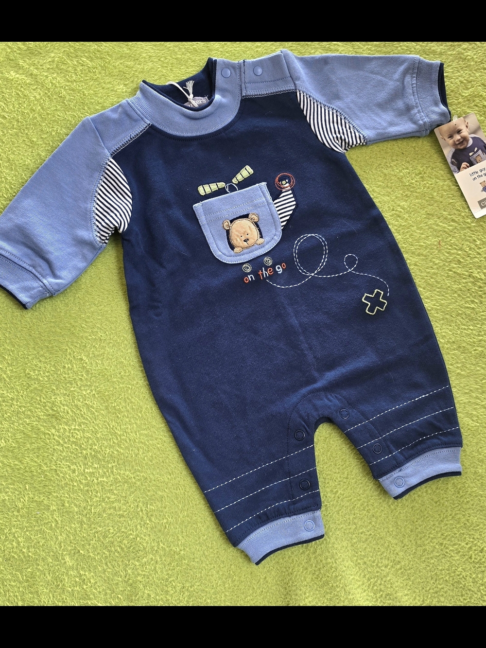 NWT  NEWBORN  Blue JUMPSUIT ROMPER Bear In Helicopter Little Guy On The Go (Q1)